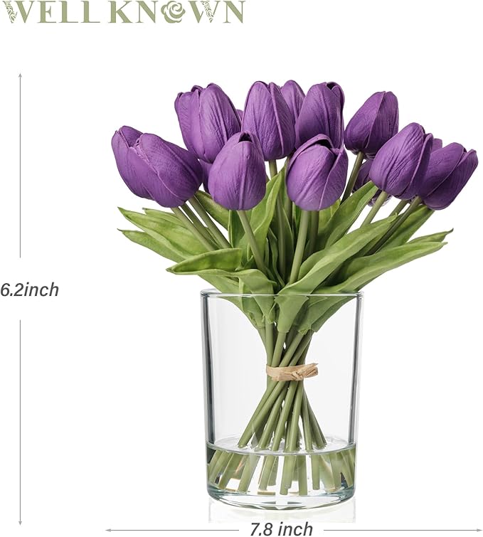 WELL KNOWN 20 Pcs Tulips Artificial Flowers in Vase, Real Touch Upgrate Purple Tulips Fake Flowers with Vase Flower Arrangements Artificial Centerpiece for Dining Room Table