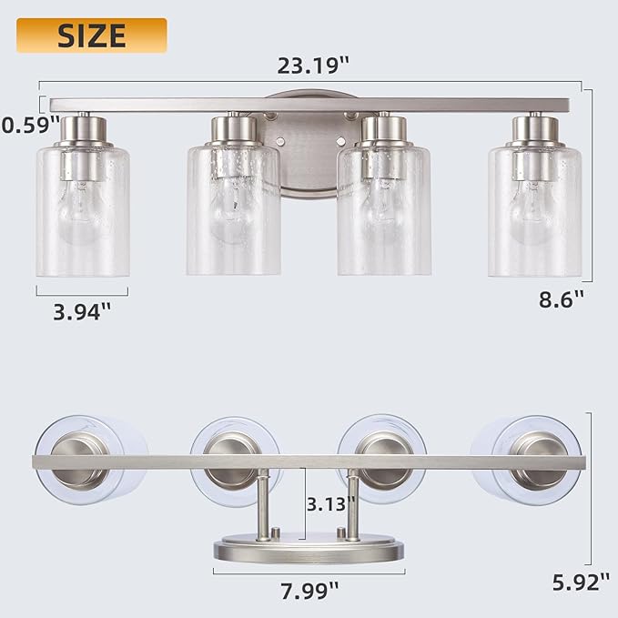 Bathroom Vanity Light Fixtures Over Mirror, Seeded Glass Bathroom Vanity Light, 4 Light Brushed Nickel Bathroom Light Fixtures with Clear Glass, Modern Rustproof Vanity Light Wall Mount