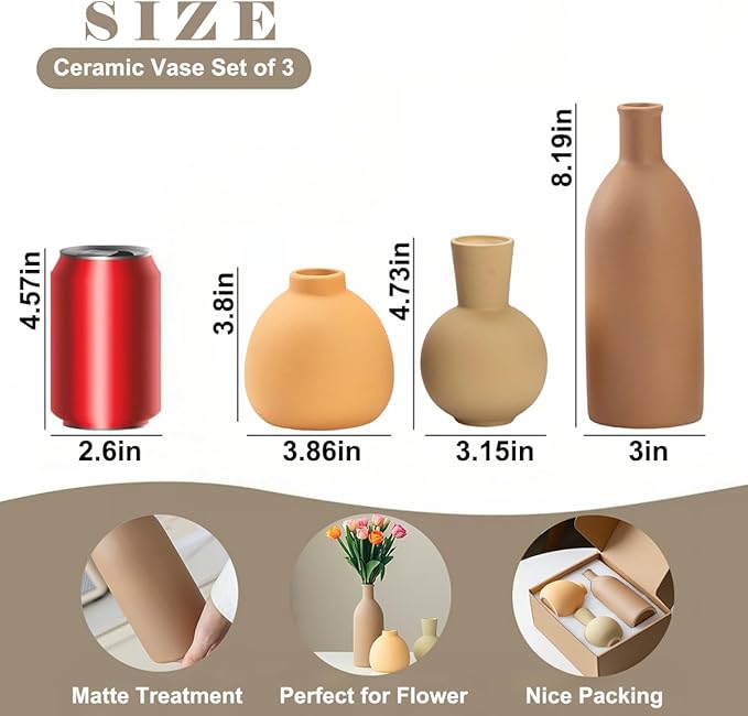 Modern Ceramic Vase Set of 3, Decorative Flower Vases for Home, Multicolor Pottery Vases for Living Room, Kitchen, Bedroom, Shelf, Rustic Farmhouse (Light Green Mix)