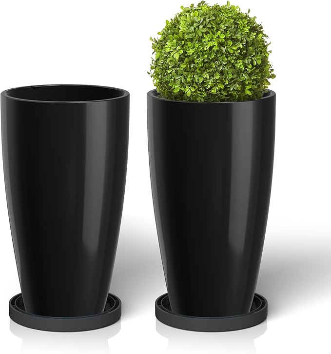 ZMTECH 21 Inch Tall Plant Pots for Indoor & Outdoor Use Set of 2, Large Plastic Planters with Removable Tray for Outside with Drainage Holes for Front Porch Patio Garden, Glossy Black