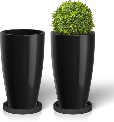 ZMTECH 21 Inch Tall Plant Pots for Indoor & Outdoor Use Set of 2, Large Plastic Planters with Removable Tray for Outside with Drainage Holes for Front Porch Patio Garden, Glossy Black