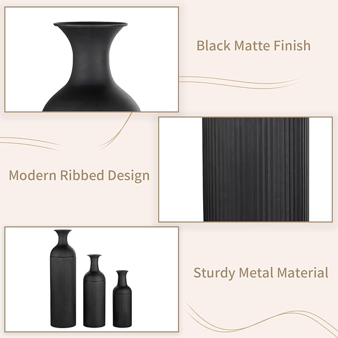 Sziqiqi Black Tall Ribbed Modern Metal Vase Trio - Large 27" Tall x 20" Wide x 16" Deep for Living Room, Bedroom, Kitchen, Corridor