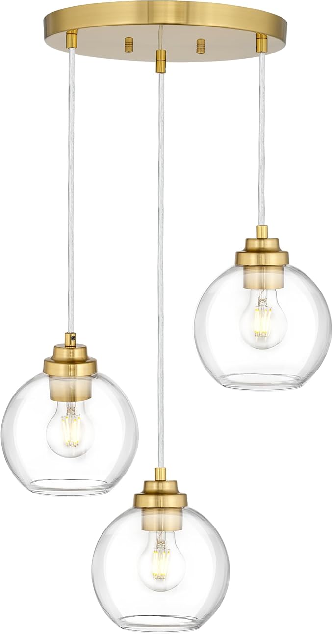 Gold Cluster Pendant Light, 3-Light Globe Hanging Light Fixture, Kitchen Island Lighting with Clear Glass for Dining Room Living Room Laundry Entrance Foyer, ZCPL101BG-3C