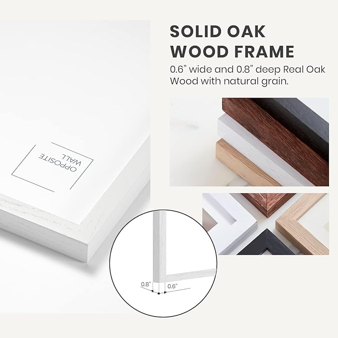 Opposite Wall - 5x7 in - White Solid Oak Wood Picture Frames with Mat - Wall Hanging & Tabletop Photo Frame - Pictures Display 4x6 with Mat, 5x7 without - Office, Gallery & Home Decor