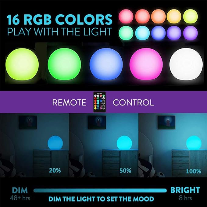 Mr.Go 14-inch LED Ball Light, Cordless Rechargeable Globe Lamp w/Remote, 16 RGB Color Changing Dimmable Mood Lamp, Waterproof Decorative Glow Orb Light for Home Outdoor Garden Patio Pool Party Decor
