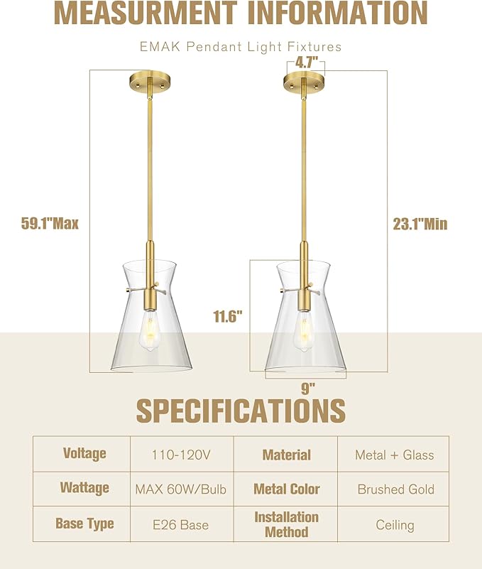Emak 9 Inch Modern Pendant Lights Kitchen Island, Brushed Gold Pendant Light with Clear Glass Shade, Large Hanging Light Fixture for Kitchen, Dining Room, Bathroom, PL130-BGD-CG