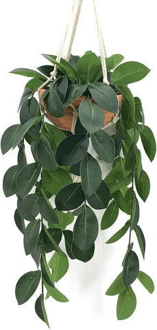 Hanging Plants Artificial Decor, Fake Hanging Plant in Clay Pot Artificial Hanging Plants with Fake Leaves and Hook for Wall Home Room Indoor Outdoor Décor (Dark Green)