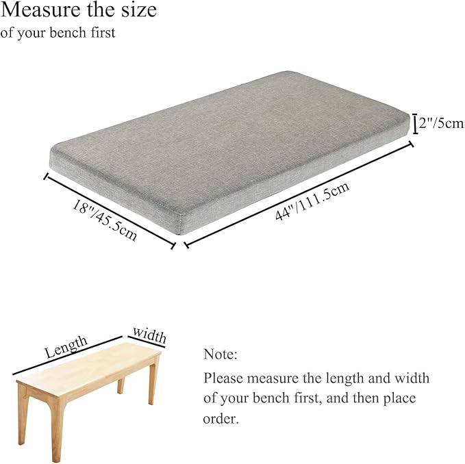 Bay Window Seat Cushions Indoor Furniture 44x18 Inch Non Slip Washable Kitchen Dining Bench Cushion with Zipper, Light Grey