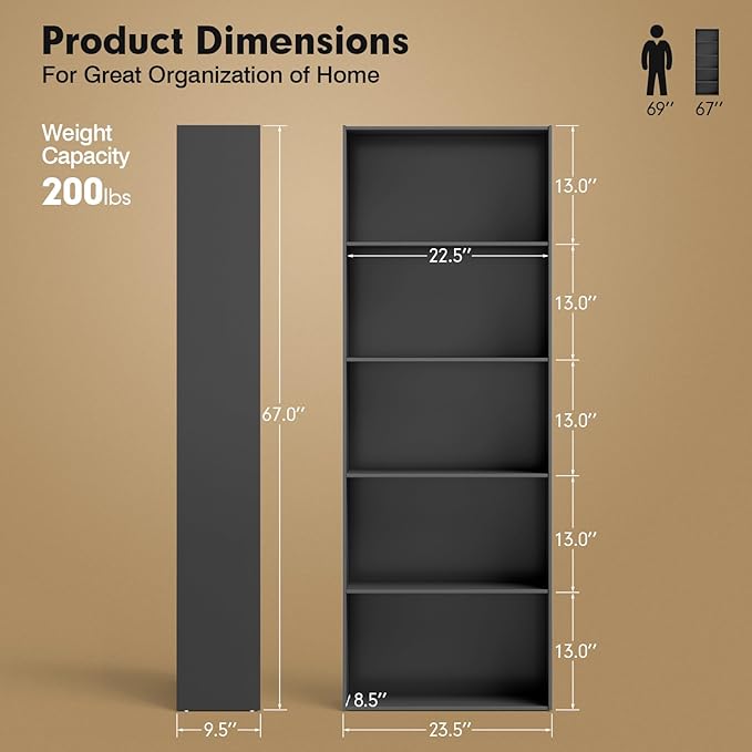 Tangkula 5-Tier Bookcase, 67” Tall Freestanding Bookshelf with 5 Open Shelves, Anti-Toppling Kits, Floor Display Storage Organizer for Living Room, Study, Kitchen, Home & Office (Black, 67" H)