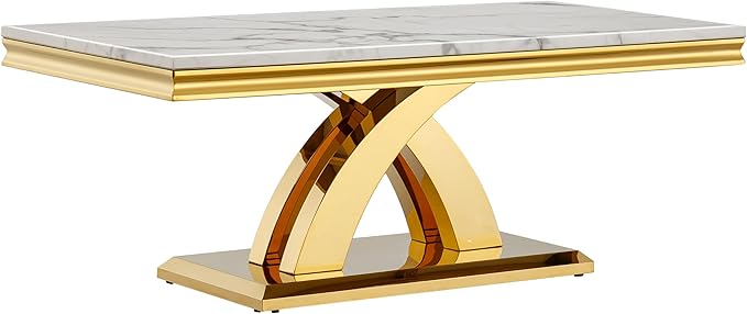 Modern Marble Coffee Table, 47" White and Gold Rectangle Coffee Table with Faux Marble Top & Golden Geometric Stainless Steel Base, Rectangle Living Room Tea Table Center Table for Home Office