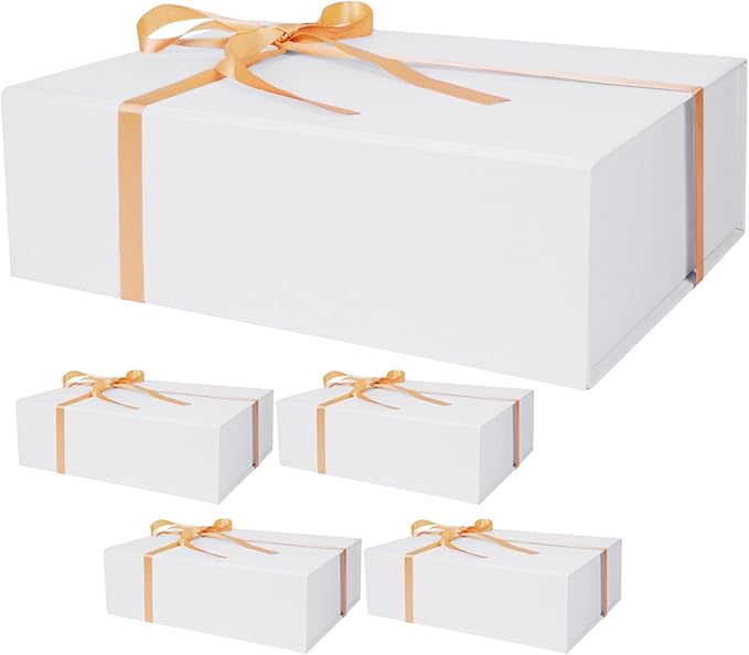 RayofSun White Gift Box,13.8" x 9" x 4.3" Large Groomsmen Proposal Box with Magnetic Closure Lid and Ribbon for Anniversary Wedding Birthday Graduation Festivals (5 Pack)