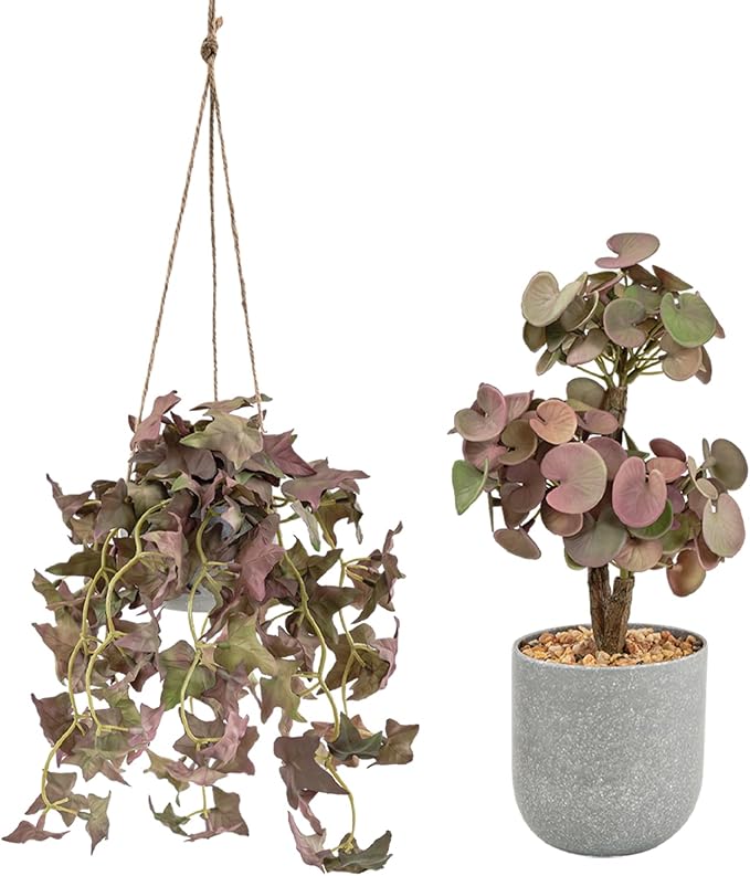 Fake Hanging Plant with Pot, 2 Pack Small Artificial Plants in Pot and Mini Faux Ivy Vines Hanging Plants for Shelves, Greenery Decor for Livingroom Room Wall Office Desk (Brown)