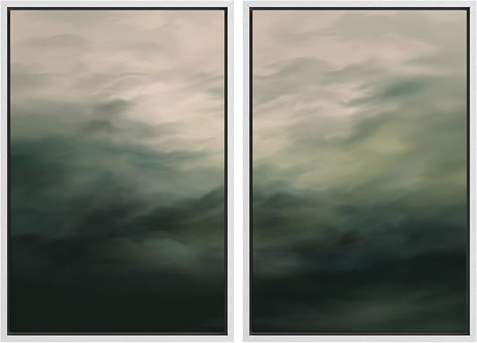 MUDECOR Framed Canvas Print Wall Art Dark Green Abstract Misty Landscape Moody Illustrations Modern Art Decorative Chic for Living Room, Bedroom, Office - 16"x24"x2 White