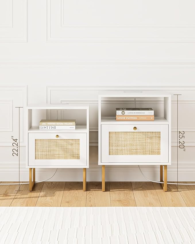 Rattan Nightstand with Charging Station, Mid Century Modern Night Stand,Boho Farmhouse Wood Bedside Table with Storage and Open Shelf, End Side Accent Table for Bedroom,Living Room,White