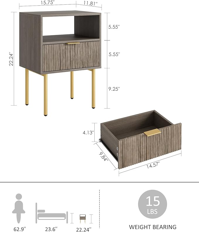 Nightstand,Morden Bedside Table with Gold Frame,Small White Night Stand,End Table,Bedside Furniture,Side Table with Drawer and Shelf for Bedroom,Living Room (1Drawer, Grey)