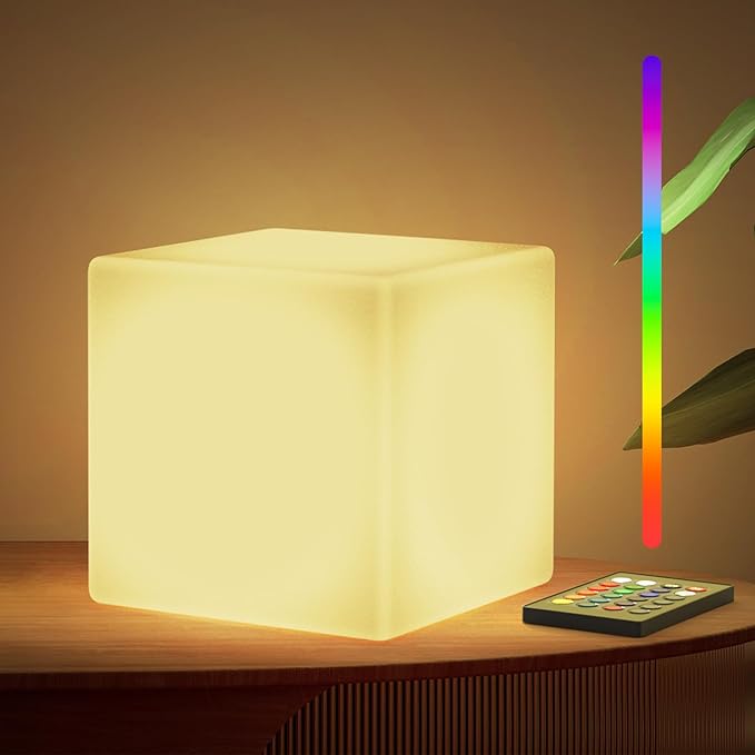 LOFTEK 7-inch LED Cube Night Lights: Rechargeable RGB 16 Colors Changing Light with Remote Control, IP65 Waterproof Table Lamp Night Light for Home Bedroom Kids Room