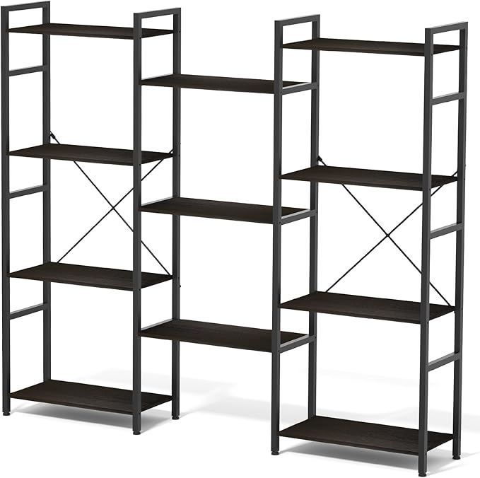 Triple 4 Tier Bookshelf, Tall Book Shelf with 11 Open Display Shelves, Adjustable Industrial Bookcase in Living Room, Bedroom, Wide Metal Bookshelf Book Case for Home & Office, Black