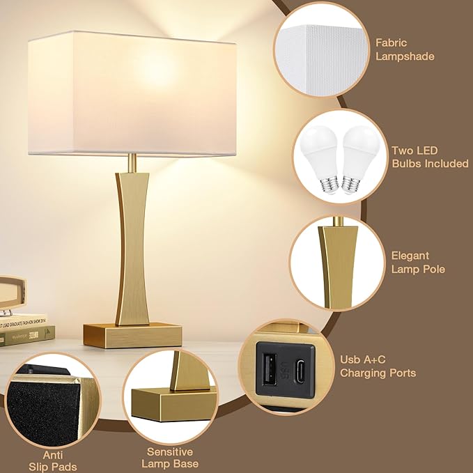 Bedside Lamps for Night Stands - 3 Way Dimmable Table Lamp for Bedroom with USB C+A Ports,Modern Bedside Lamps Set of 2, Touch Lamps for Nightstands(Gold)
