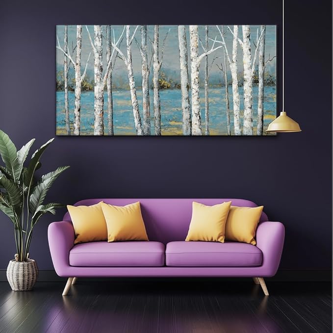 Country Birch Woods Wall Art for Living Room Office Navy Blue Forest Canvas Painting Prints Rustic Artwork Dining Room Bedroom Decor (20x40 Inches)
