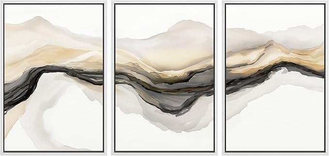 SIGNWIN Framed Canvas Print Wall Art Set Gold Gray Smoke Wave Landscape Abstract Shapes Illustrations Modern Art Decorative Contemporary Colorful for Living Room, Bedroom, Office - 24"x36"x3 White