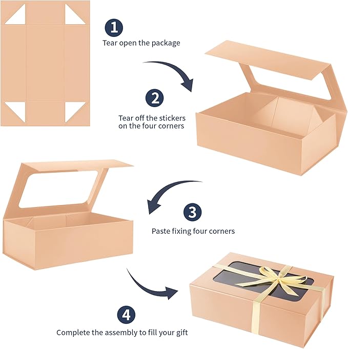 TIACABO Rose Gold Large Gift Box with Window, 13.5"x9"x4.3" Bridesmaid Boxe for Gifts Giving,Birthday Gift Boxes with Magnetic,Closure Lid Gifts Box for Presents,Cute Boxe,Luxury for Gift Packaging