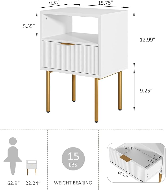 Nightstand,Morden Bedside Table with Gold Frame,Small White Night Stand,End Table,Bedside Furniture,Side Table with Drawer and Shelf for Bedroom,Living Room (1Drawer, White)