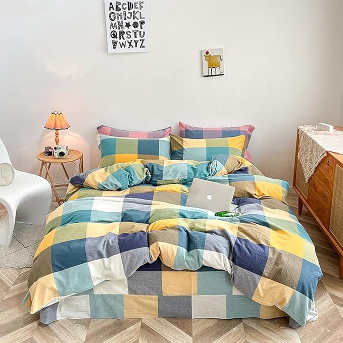 VM VOUGEMARKET Yellow Green Plaid Duvet Cover Set Queen Washed Cotton Bedding Set Multicolor Buffalo Grid Duvet Cover with 2 Pillowcases for Men Women