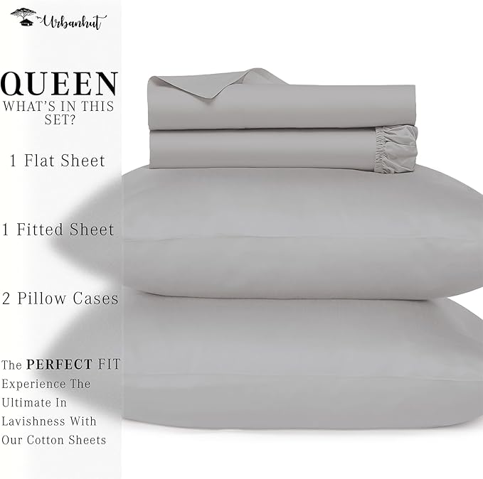URBANHUT 700 Thread Count Egyptian Cotton Sheets Queen Size, 4Pc Sheet Set Soft Luxury Bed Sheets for Queen Size Bed, Sateen Weave Hotel Sheets, 16'' Elasticized Deep Pocket - Silver Grey