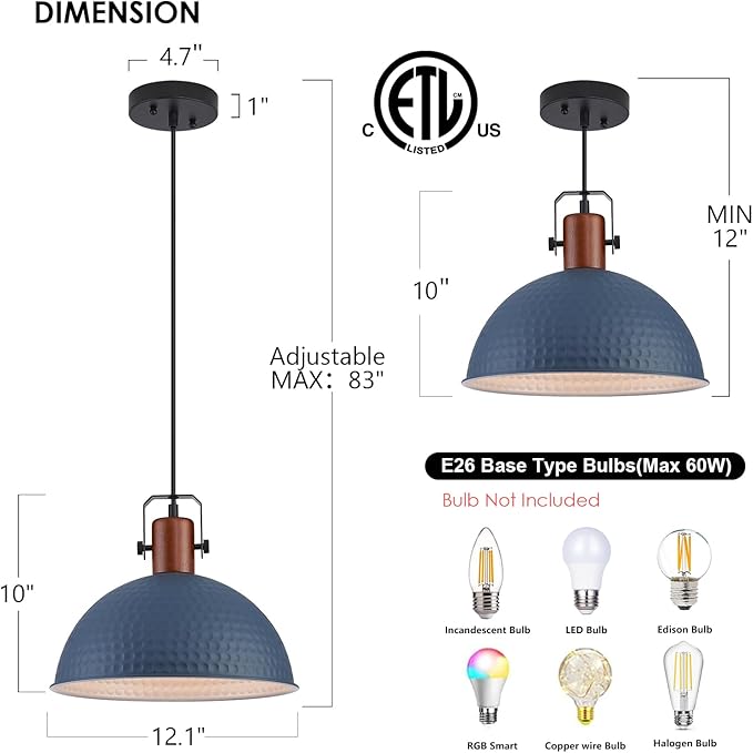 12 Inch Blue Pendant Lights Hammered Matte Pendant Lights for Kitchen Island Industrial Farmhouse Adjustable Height Dome Hanging Light Fixtures for Barn, Dining Room 3 Packs
