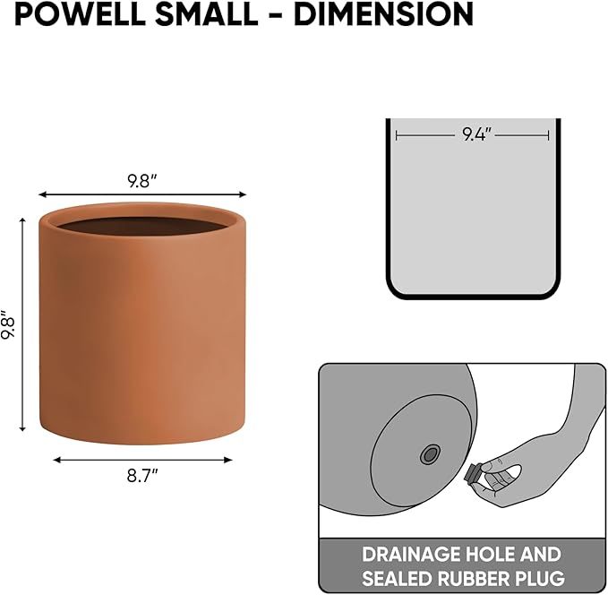 DTY Signature Mount Powell Fiberstone Planter - 10 Inch Small Terracotta Cylindrical Mid-Century Modern Home Decor Indoor & Outdoor Plant Pot - Durable Planters for Indoor Plants, Outdoor Spaces