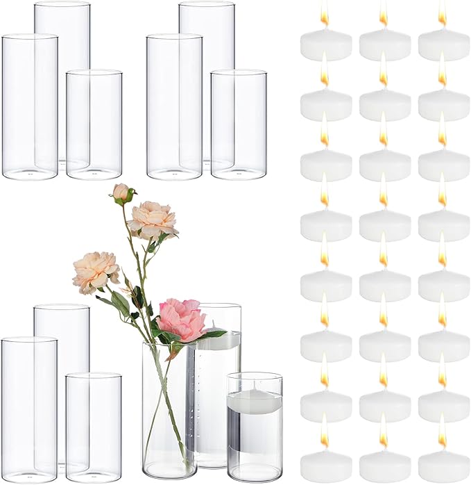 Sawysine 12 Cylinder Vases and 24 White Floating Candles for Centerpieces, 6, 8, 10 Inch Glass Hurricane Candle Holder Wedding, Tall Clear Flower Vases for Party Christmas Home Decor