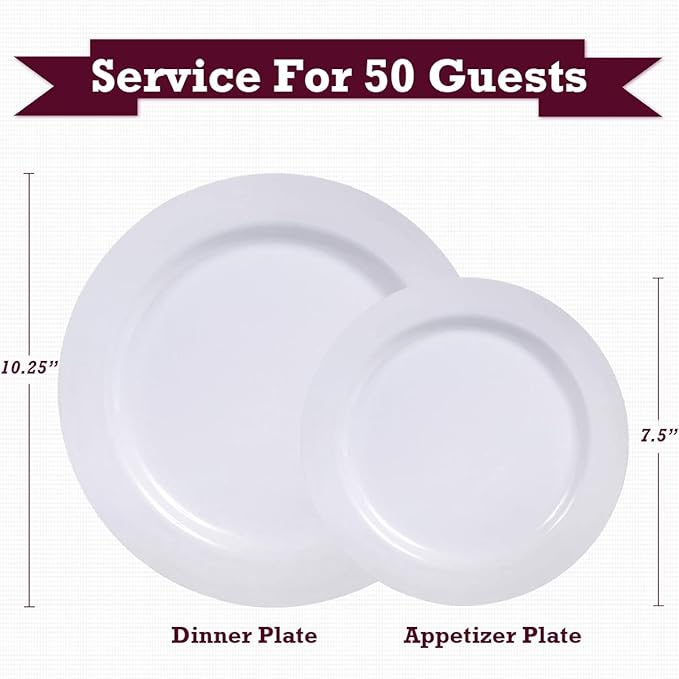 100 Piece Plastic Party Plates White, 50 Premium Heavy Duty 10.25 Inch Dinner Plates and 50 Disposable 7.5 Inch Dessert Appetizer Elegant Fancy Heavy Duty Wedding Plates