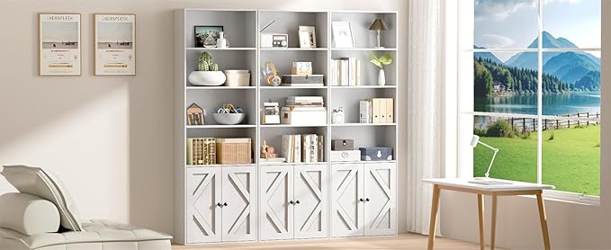 Tall Wooden Bookshelf with Cabinet and Doors,White Bookcase for Bedroom, Living Room, or Home Office Storage, 6 Shelves for Heavy Books & Organization