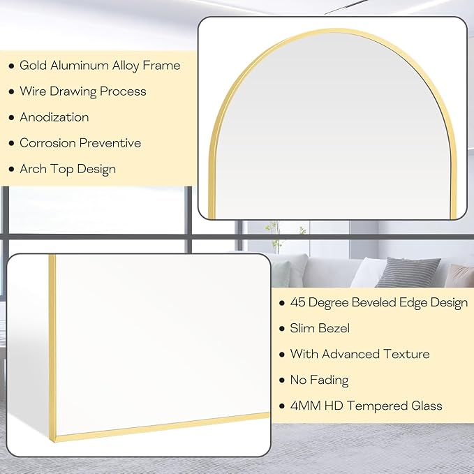 24" x 32" Gold Arched Mirror, Arch Wall Mirror, Metal Frame Black Bathroom Mirror, Arched Top Bathroom Vanity Mirror for Living Room, Bedroom, Entryway, Tempered Glass, Shatter Proof