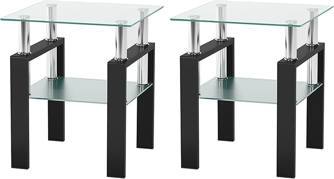 IANIYA 2PCS Modern Glass End Table, 2-Tier Side Table with Tempered Glass Top & Metal Legs, Night Stand Corner Table for Living Room, Bedroom