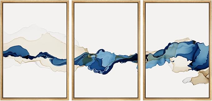 SIGNWIN 3 Piece Framed Canvas Wall Art Blue and Brown Watercolor Nature Wilderness Illustrations Abstract Traditional Relax/Calm Home Artwork Decoration for Living Room,Bedroom - 16"x24"x3 Natural