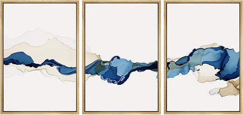 SIGNWIN 3 Piece Framed Canvas Wall Art Blue and Brown Watercolor Nature Wilderness Illustrations Abstract Traditional Relax/Calm Home Artwork Decoration for Living Room,Bedroom - 16"x24"x3 Natural