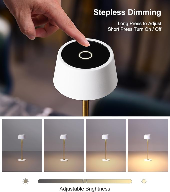 DAWALIGHT Cordless LED Table lamp 4000mAh Rechargeable Wireless lamp Desk Touch lamp stepless dimming Battery Operated lamp Portable Light Rechargeable 2700K White and Gold