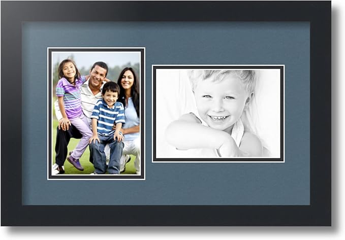 ArtToFrames Collage Photo Frame Double Mat with 2-5x7 inch Openings with Black Frame and Dutch Blue Top Mat