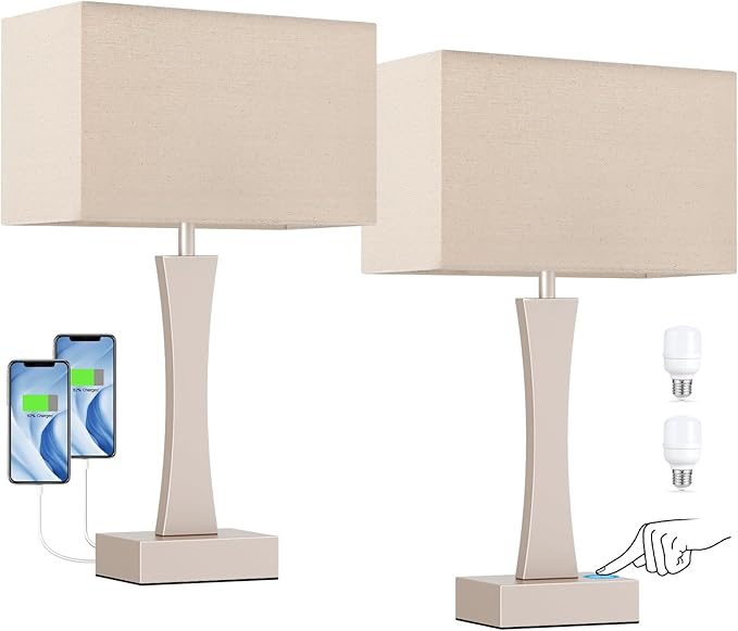 Bedside Lamps for Night Stands - 3 Way Dimmable Table Lamp for Bedroom with USB C+A Ports,Modern Bedside Lamps Set of 2, Touch Lamps for Nightstands(Mocha Gold)