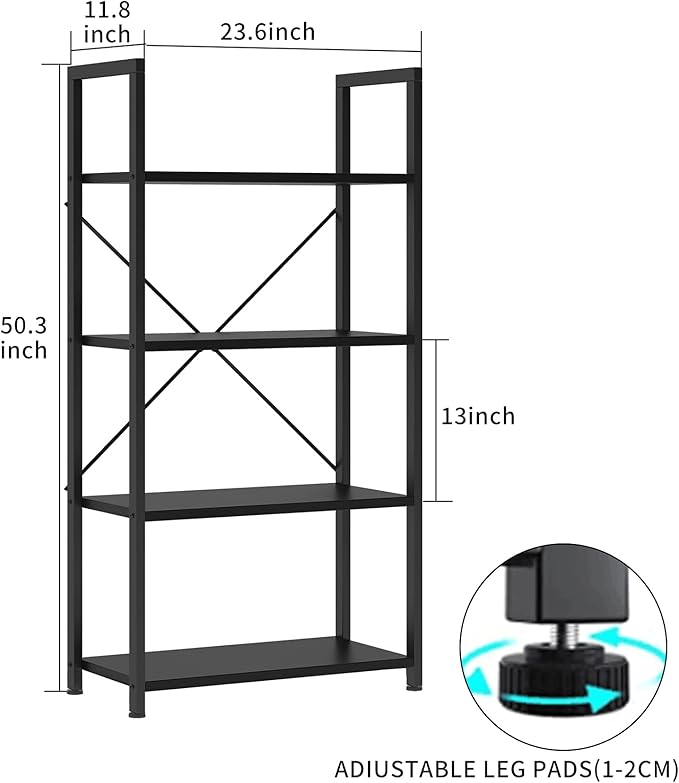 VERMESS Book Shelf Black, 4-Tier 24 inch Bookshelf Shelving Unit, Wood Bookcase with Open Shelves, Industrial Standing Storage Bookshelves Metal Display Rack for Living Room, Bedroom, Home, Office