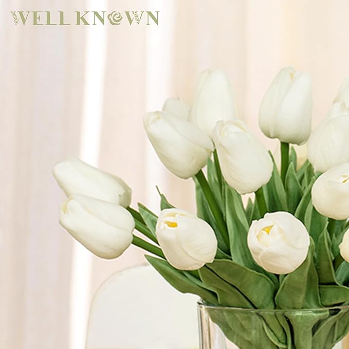 WELL KNOWN 20 Pcs White Tulips Artificial Flowers in Vase, Fake Flowers in Glass Vase, Real Touch Fake Tulips Artificial Flowers in vase with Faux Water for Home Decoration, Dining Table