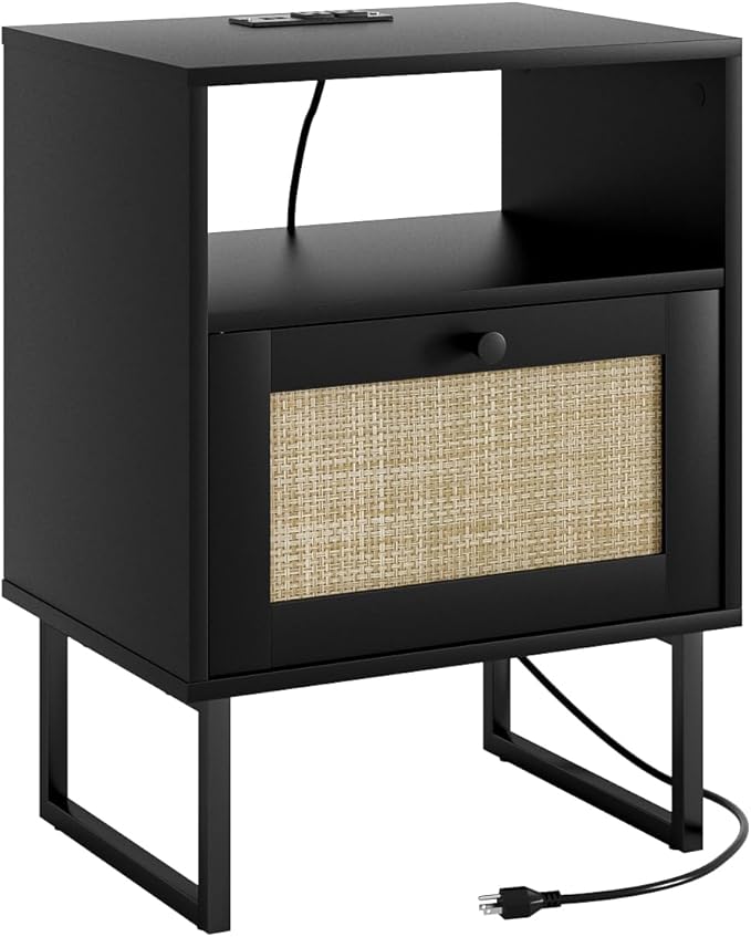 Rattan Nightstand with Charging Station, Mid Century Modern Night Stand,Boho Farmhouse Wood Bedside Table with Storage and Open Shelf, End Side Accent Table for Bedroom,Living Room,Black