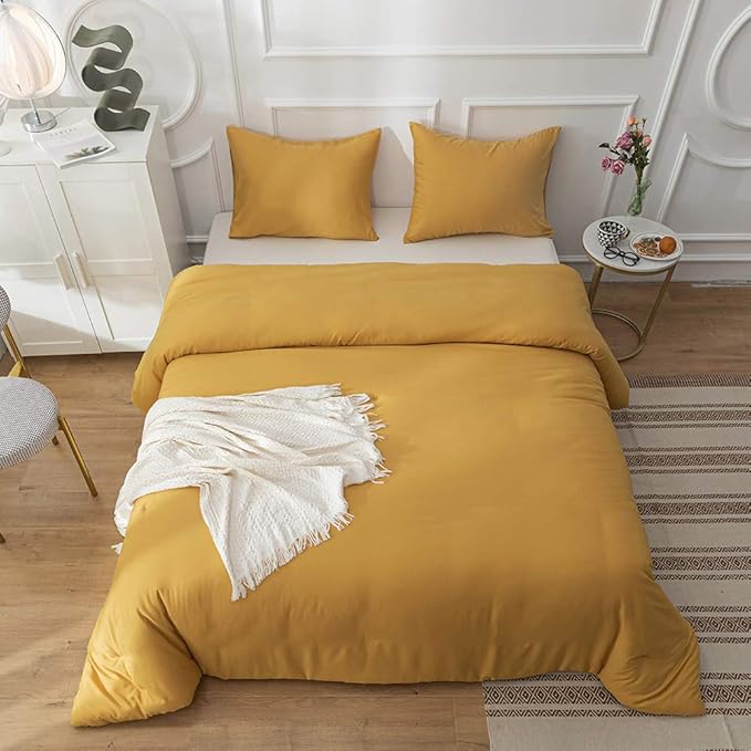 CLOTHKNOW Mustard Yellow California King Comforter Set 3Pcs Dark Yellow Bedding Comforter Sets All Season Soft Turmeric Comforter with 2 Pillow Cases