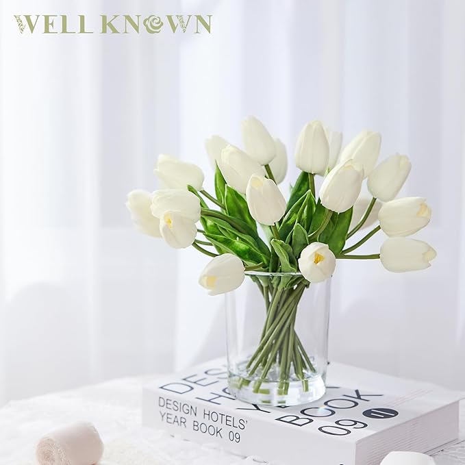 WELL KNOWN 20 Pcs White Tulips Artificial Flowers in Vase, Fake Flowers in Glass Vase, Real Touch Fake Tulips Artificial Flowers in vase with Faux Water for Home Decoration, Dining Table