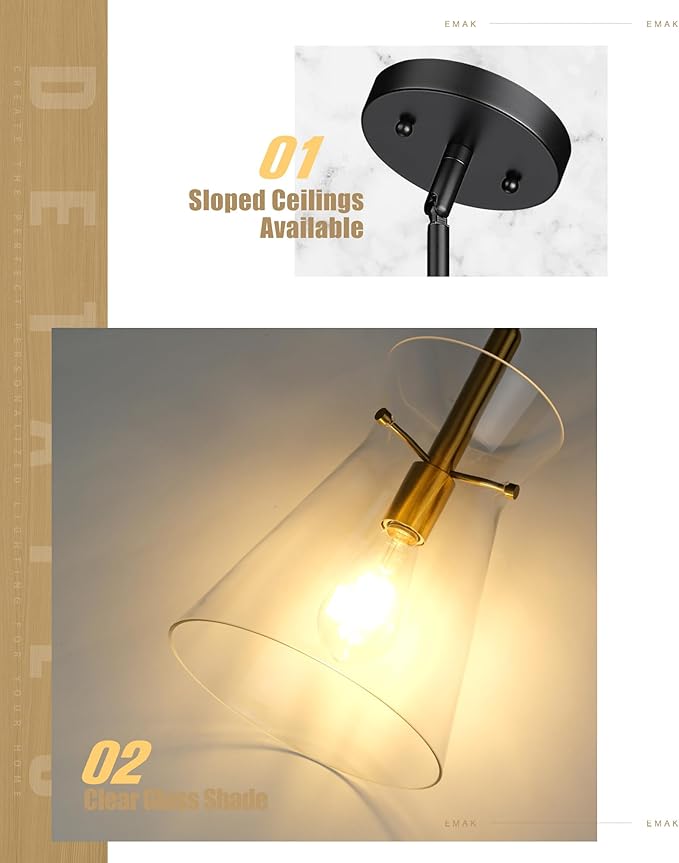 Emak Black and Gold Pendant Light Fixtures, 9 Inch Clear Glass Pendant Lights Kitchen Island, Modern Farmhouse Large Hanging Lights for for Kitchen, Dining Room, Bathroom, PL130-BKBGD-CG