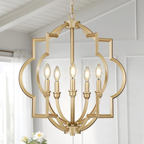 5 Light Gold Orb Chandelier for Dining Room Over Table, 22" Farmhouse Globe Pendant Light Fixtures, Rustic Ceiling Lamp for Kitchen, Living Room, Hallway, Entryway