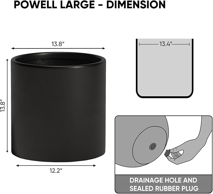 DTY Signature Mount Powell Fiberstone Planter - 14 Inch Large Black Cylindrical Mid-Century Modern Home Decor Indoor & Outdoor Plant Pot - Durable Planters for Indoor Plants, Outdoor Spaces