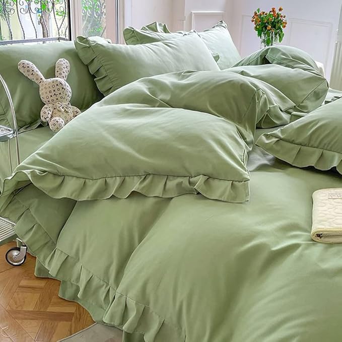 CLOTHKNOW Green Ruffles Queen Comforter Set Farmhouse Bedding Comforter Sets Soft Light Green Comforter with 2 x Pillow Cases