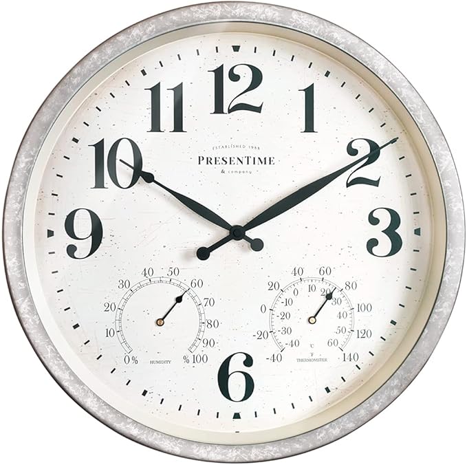 Presentime & Co 16" Farmhouse in/Outdoor Clock with Thermometer&Hygrometer as All in One Weather Station, Galvanized Décor, Wall Art and Timepiece for Farmhouse Decoration, Light Galvanized Finish